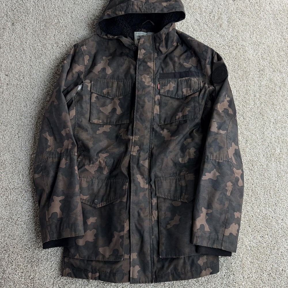 Levi's Coat Mens Large Brown Camo Hooded Parka Full Zip Insulated Lined
